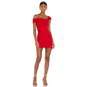 Majorelle Audrina Ruched Mesh One-Shoulder Sheath Mini Dress Event Red Medium